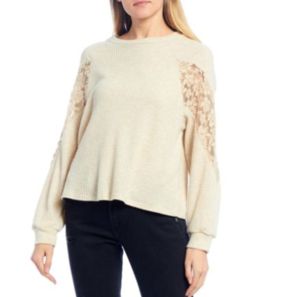 XL Tan Waffle Long Sleeve Shirt with Lace Detailing